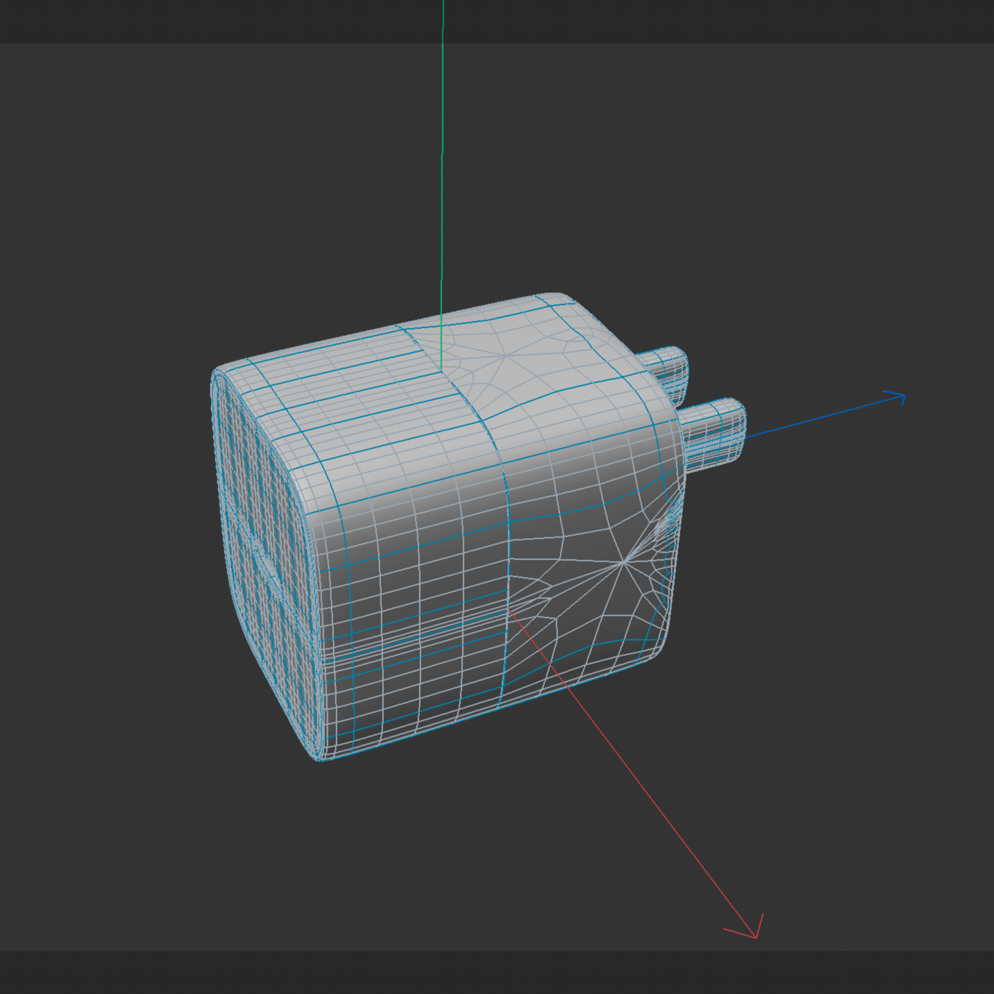 Nearly completed charger model under Subdivision Surface, showing the smoothed body, two plug prongs, and supporting topology